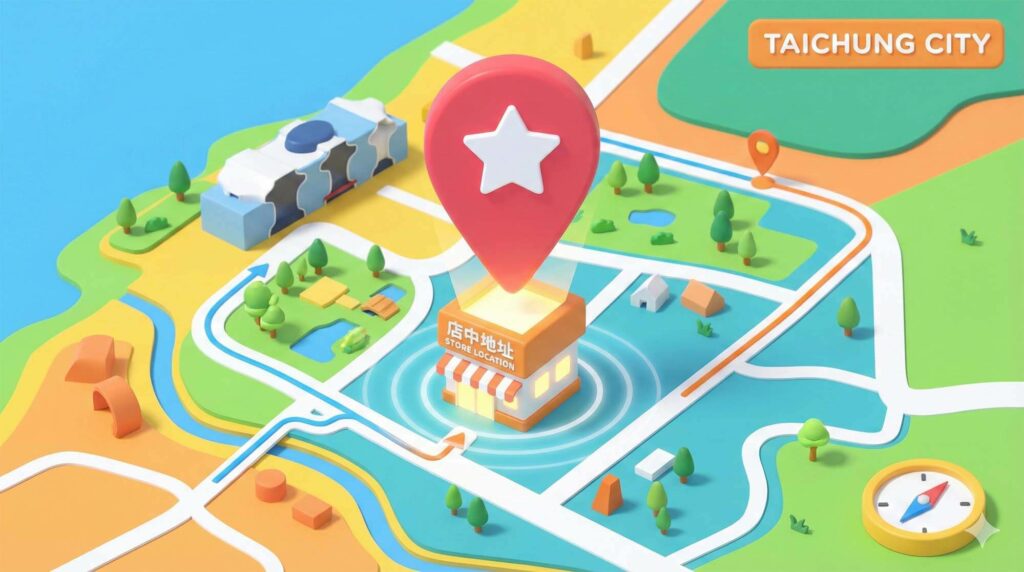 3D 地圖大頭針落在台中市地圖上，標示出青蘋果3C 的黃金地段 / 3D map pin icon dropping onto a stylized map of Taichung City, highlighting a specific store location.